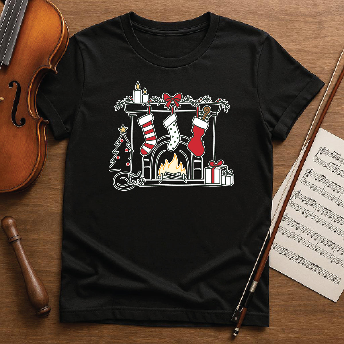Cozy Musician Christmas Fireplace Tee