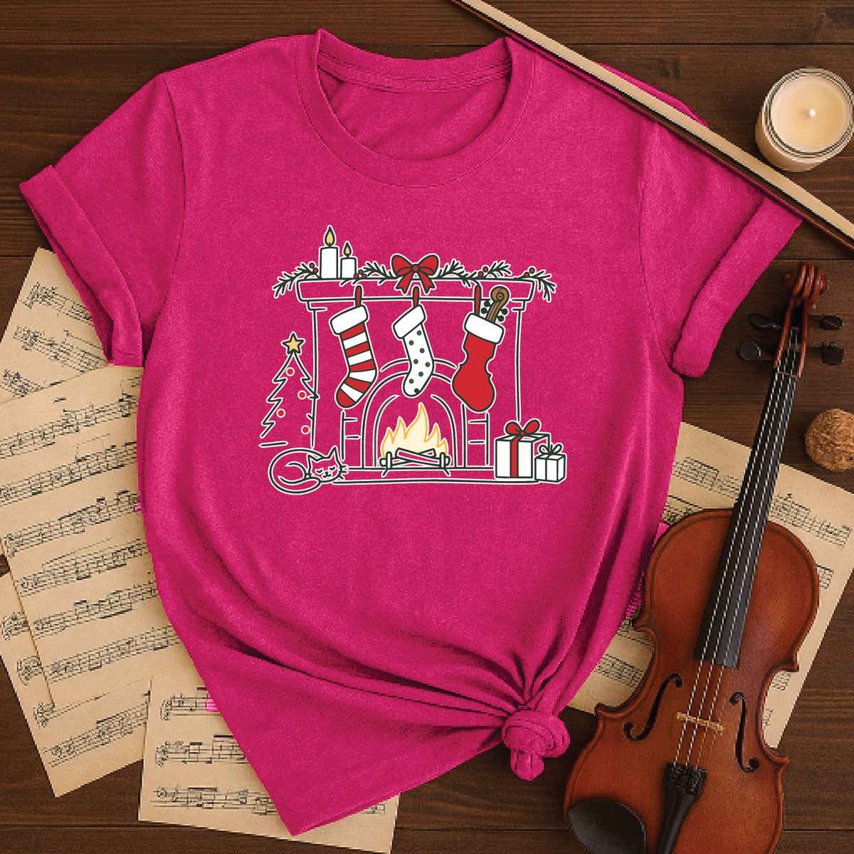 Cozy Musician Christmas Fireplace Tee