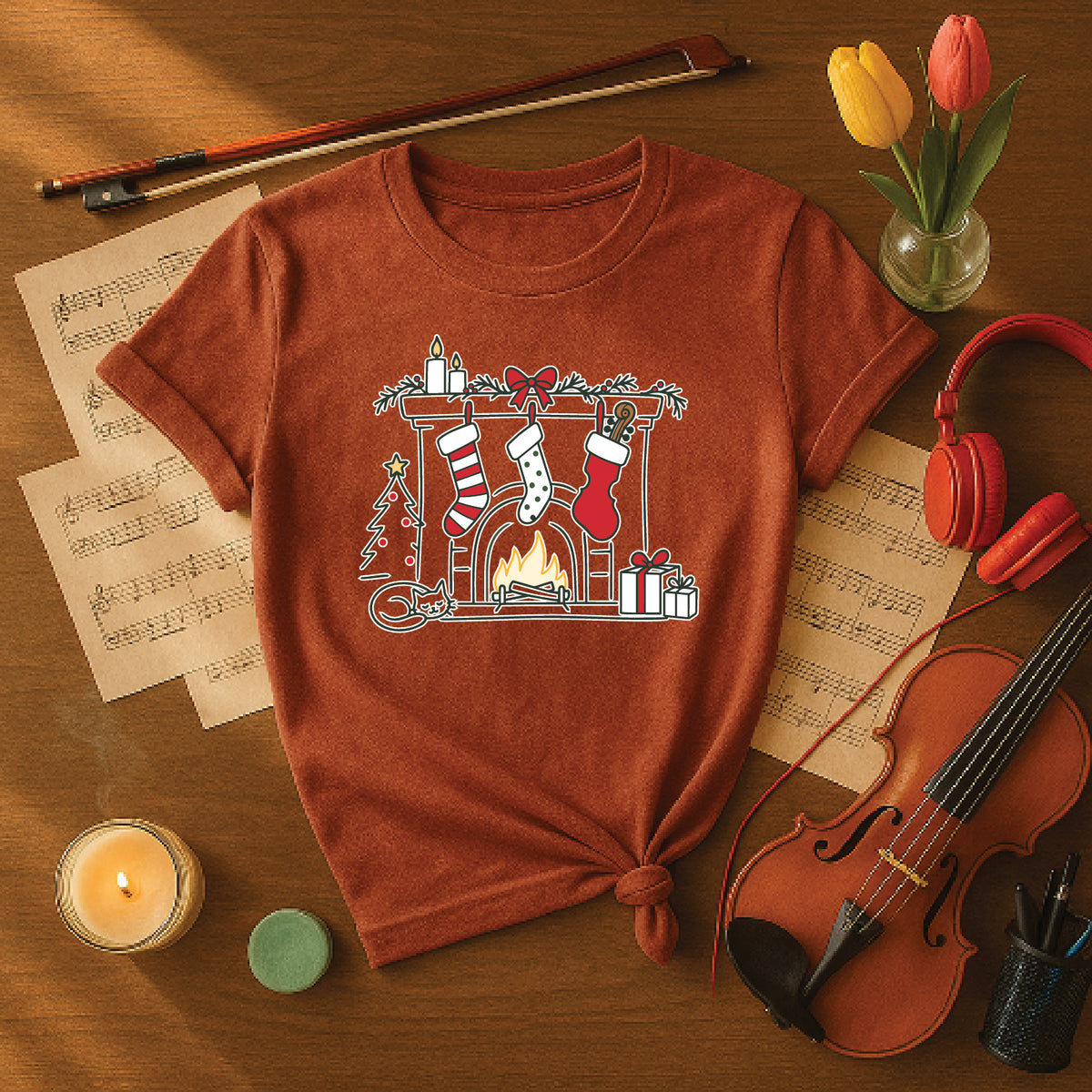 Cozy Musician Christmas Fireplace Tee