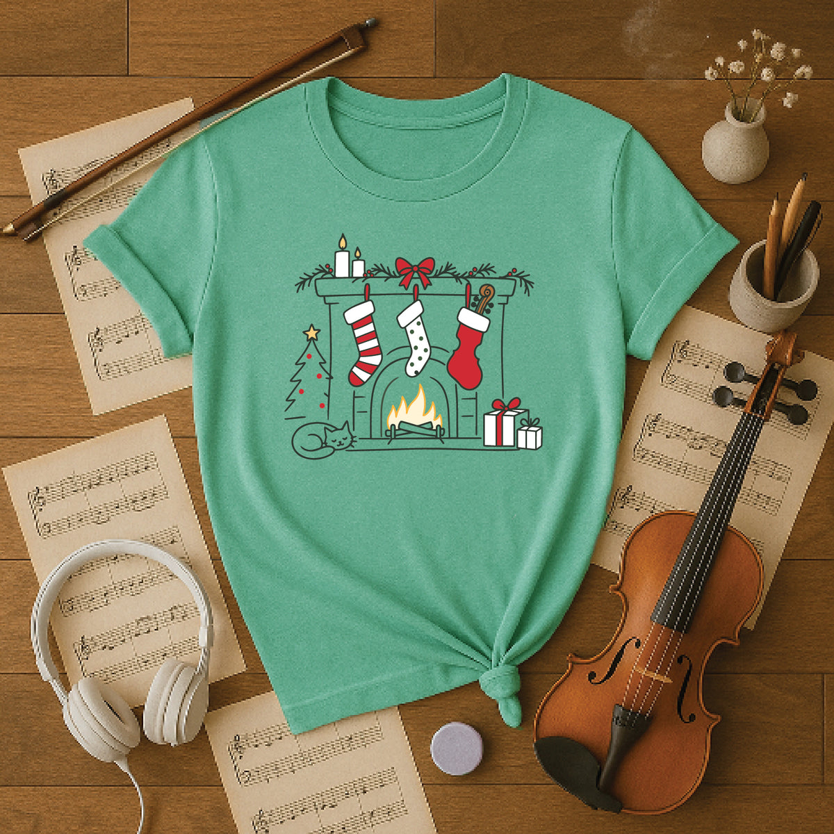 Cozy Musician Christmas Fireplace Tee