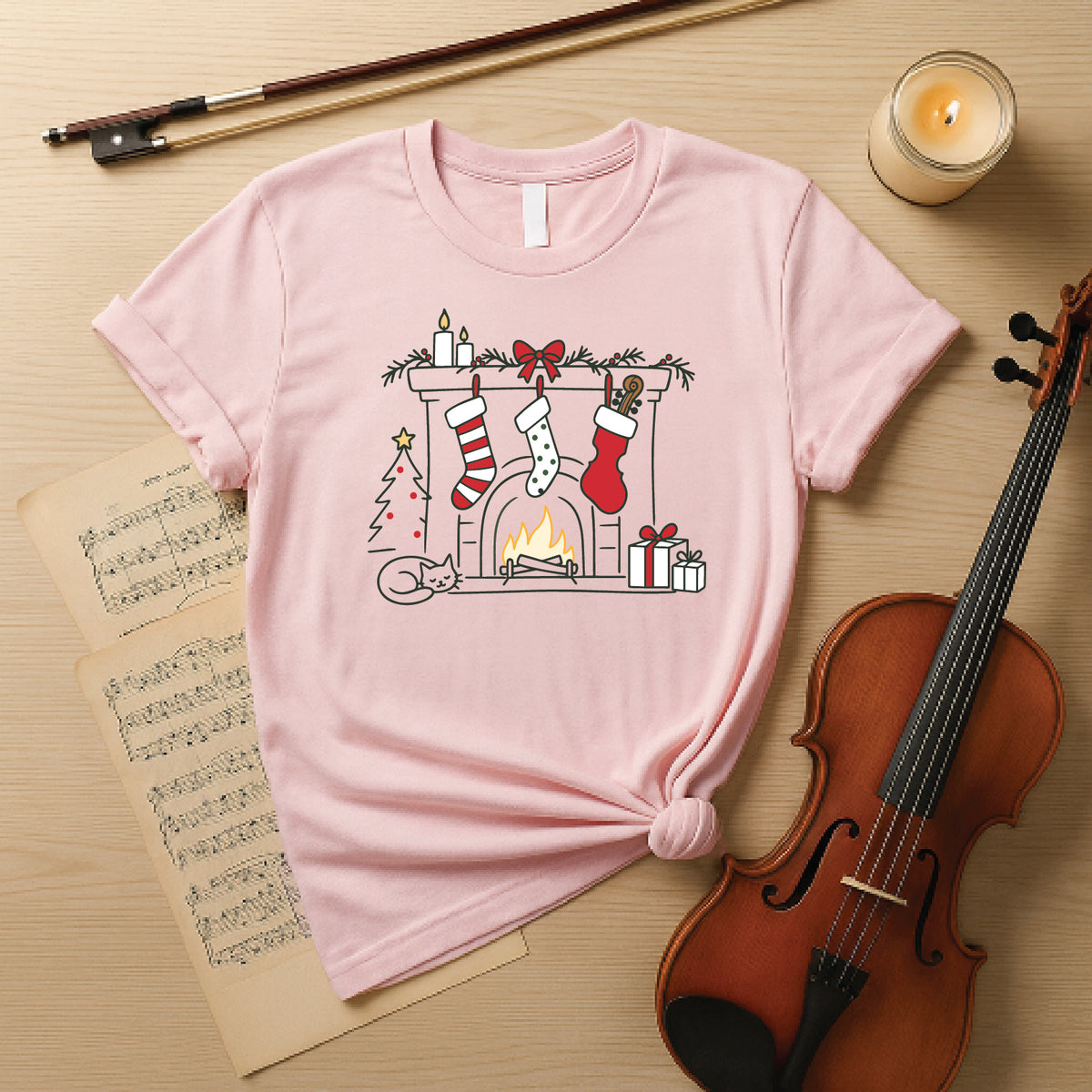 Cozy Musician Christmas Fireplace Tee