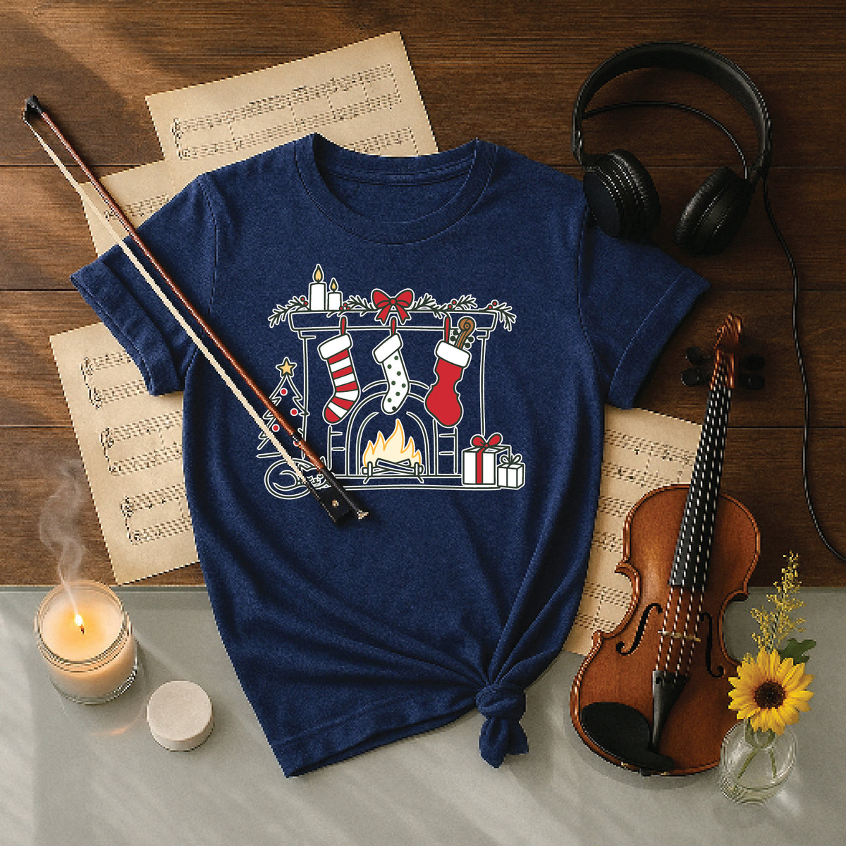 Cozy Musician Christmas Fireplace Tee