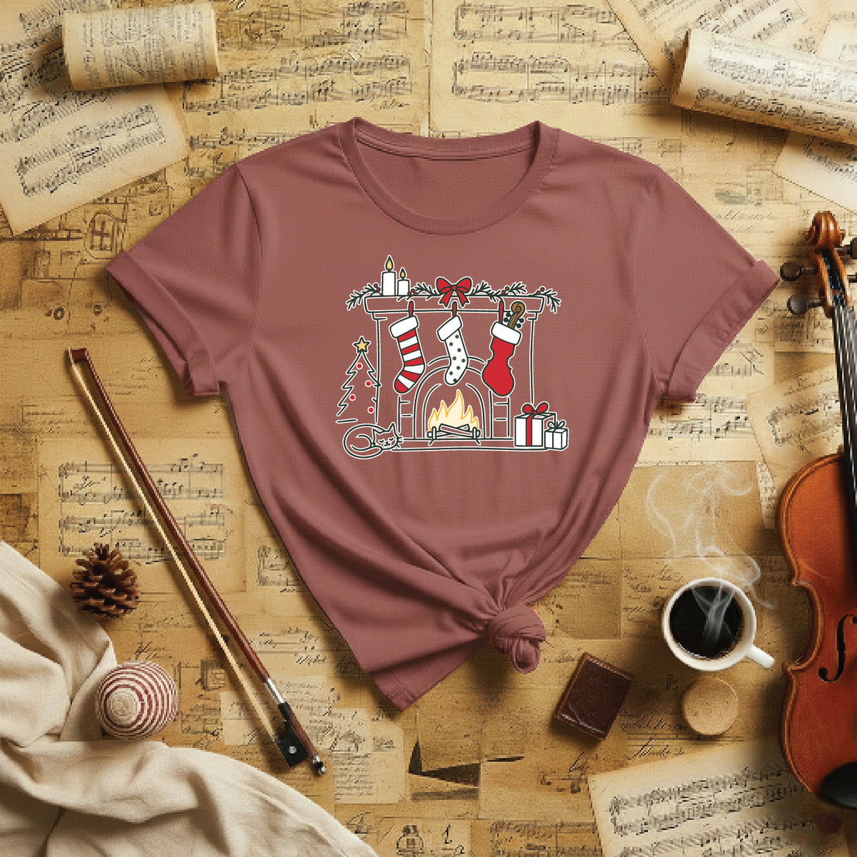 Cozy Musician Christmas Fireplace Tee
