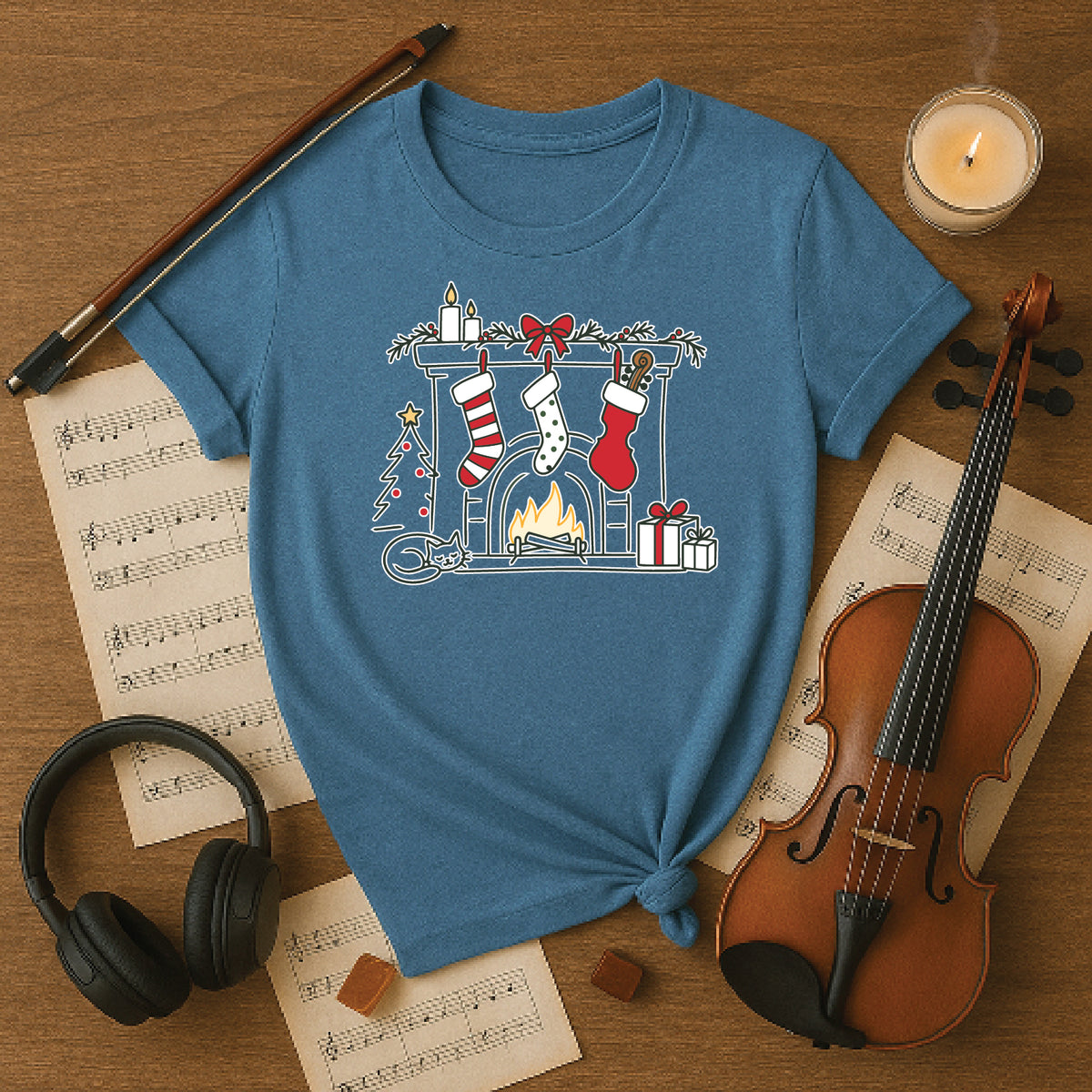 Cozy Musician Christmas Fireplace Tee