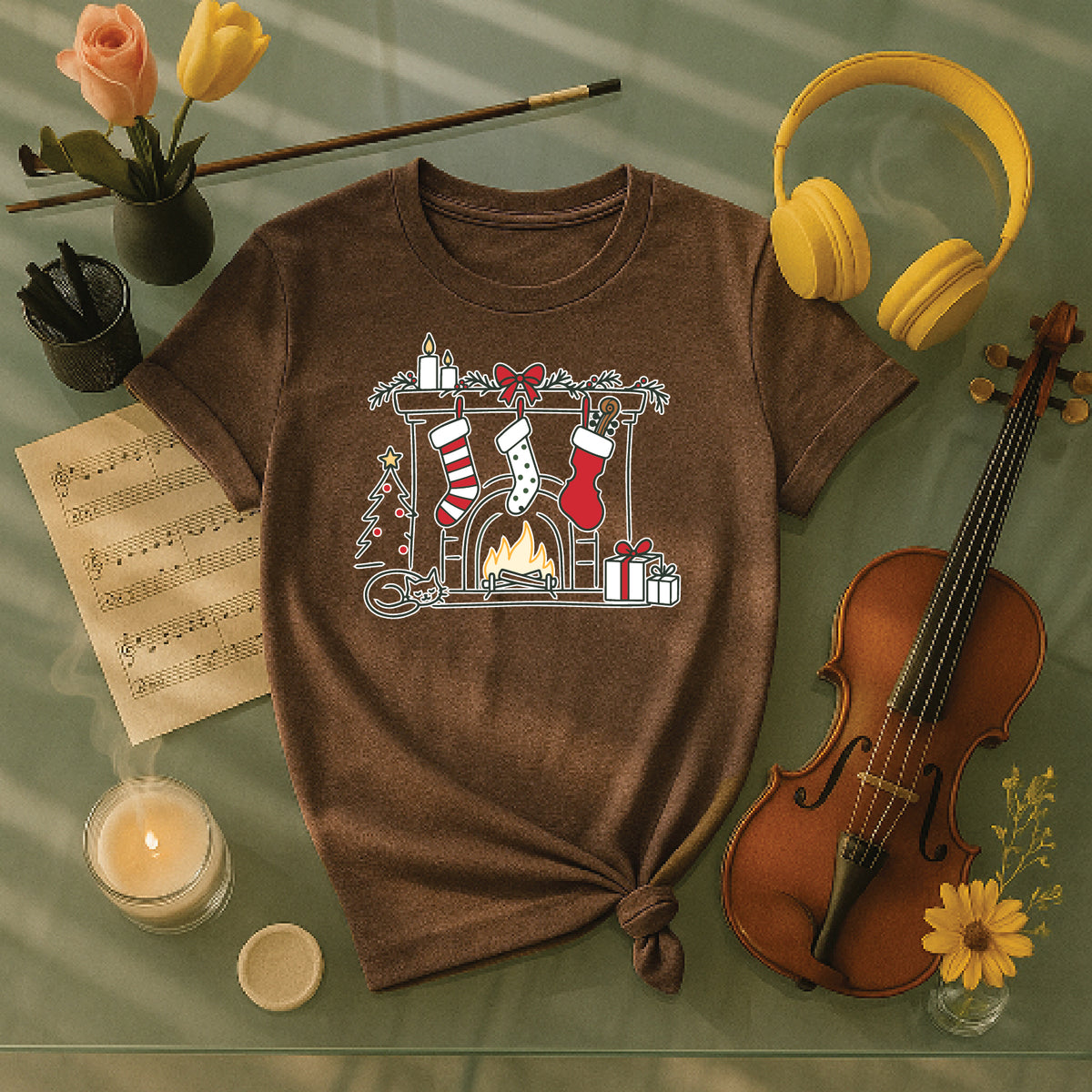 Cozy Musician Christmas Fireplace Tee