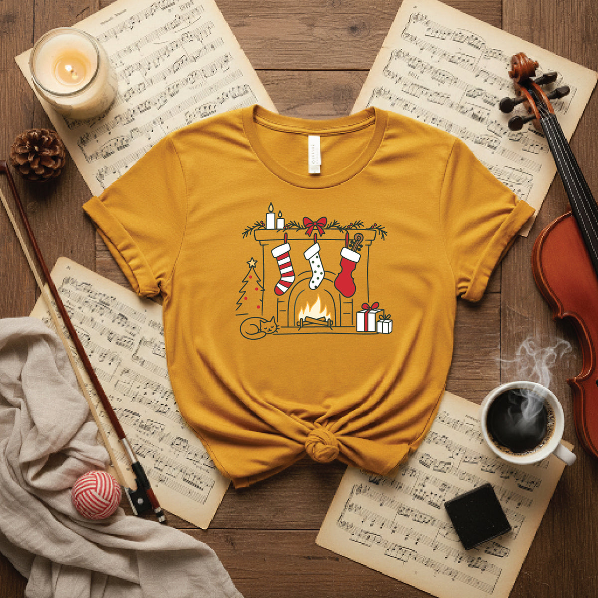 Cozy Musician Christmas Fireplace Tee