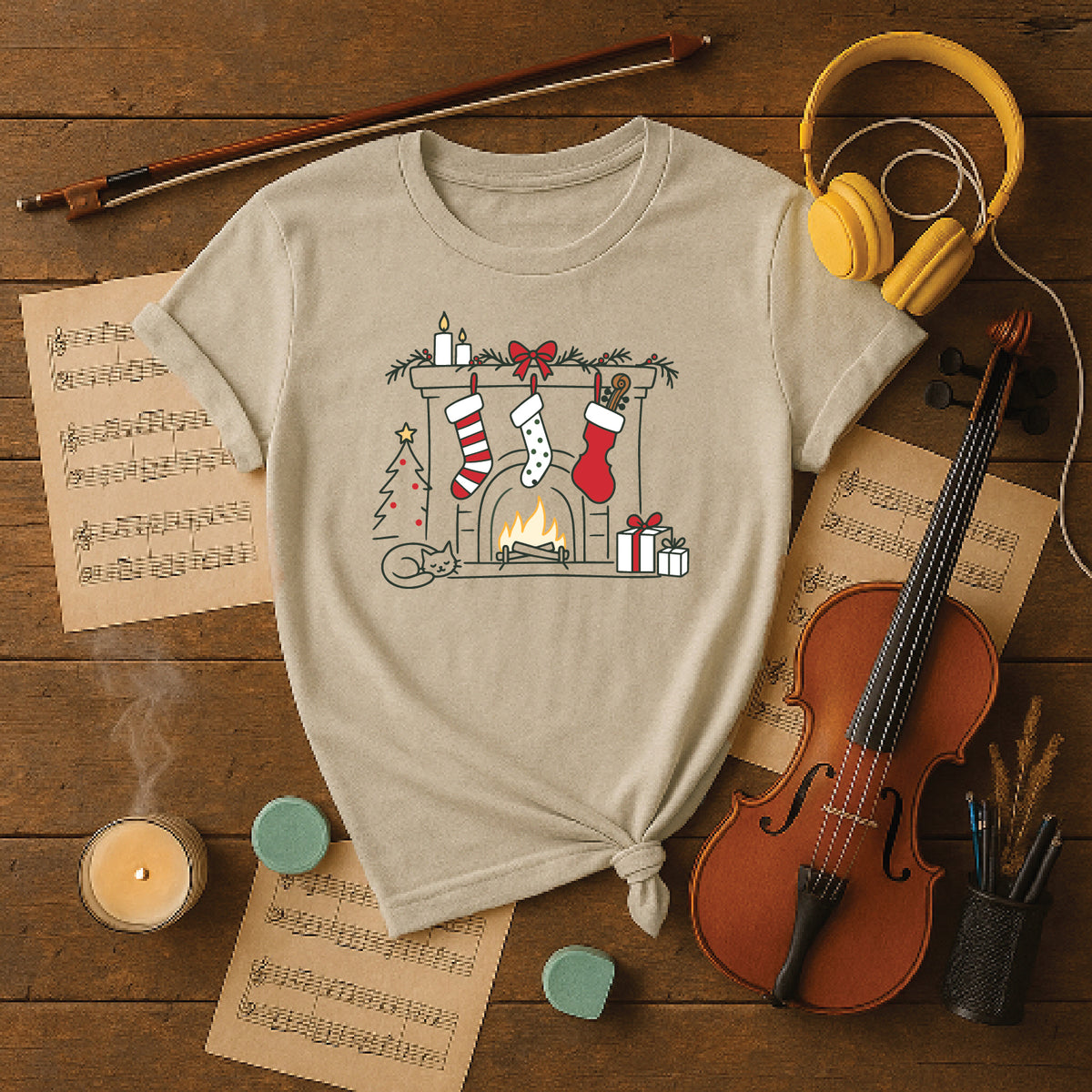 Cozy Musician Christmas Fireplace Tee