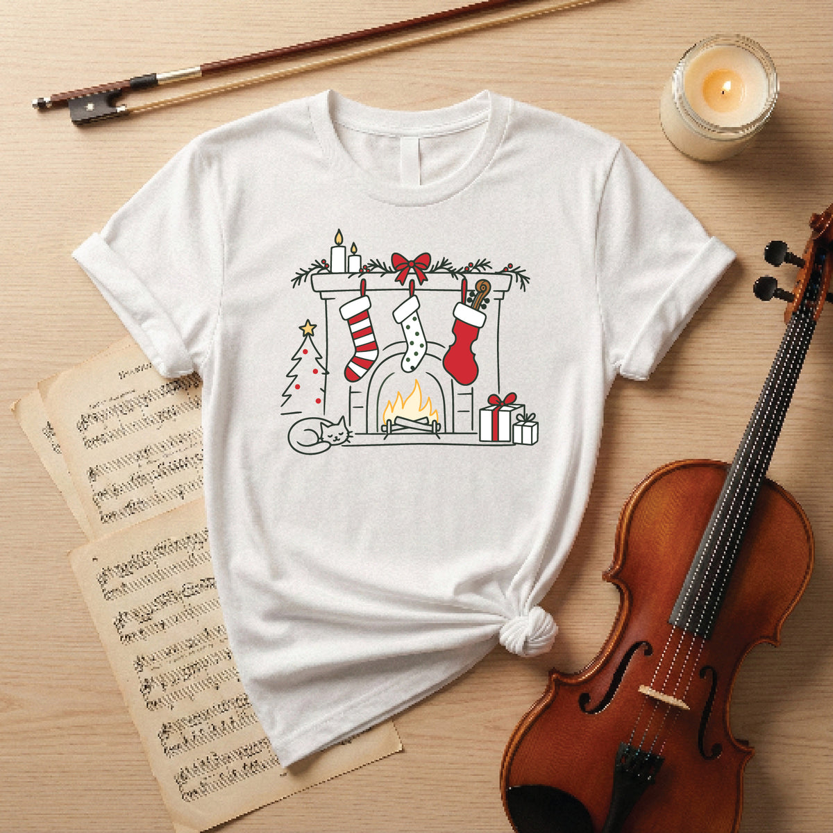 Cozy Musician Christmas Fireplace Tee