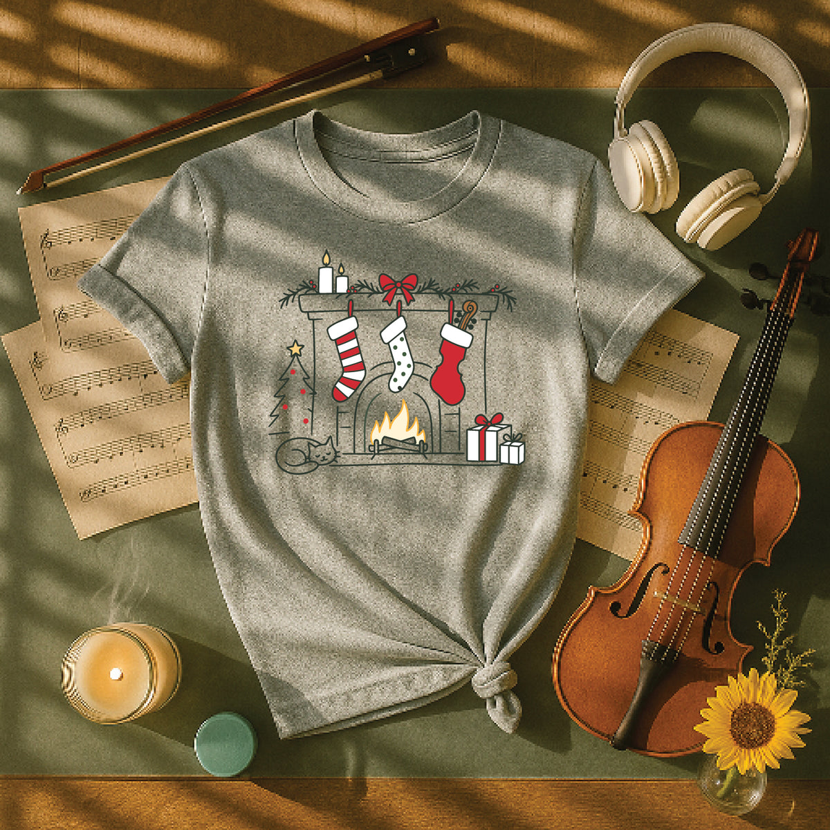 Cozy Musician Christmas Fireplace Tee