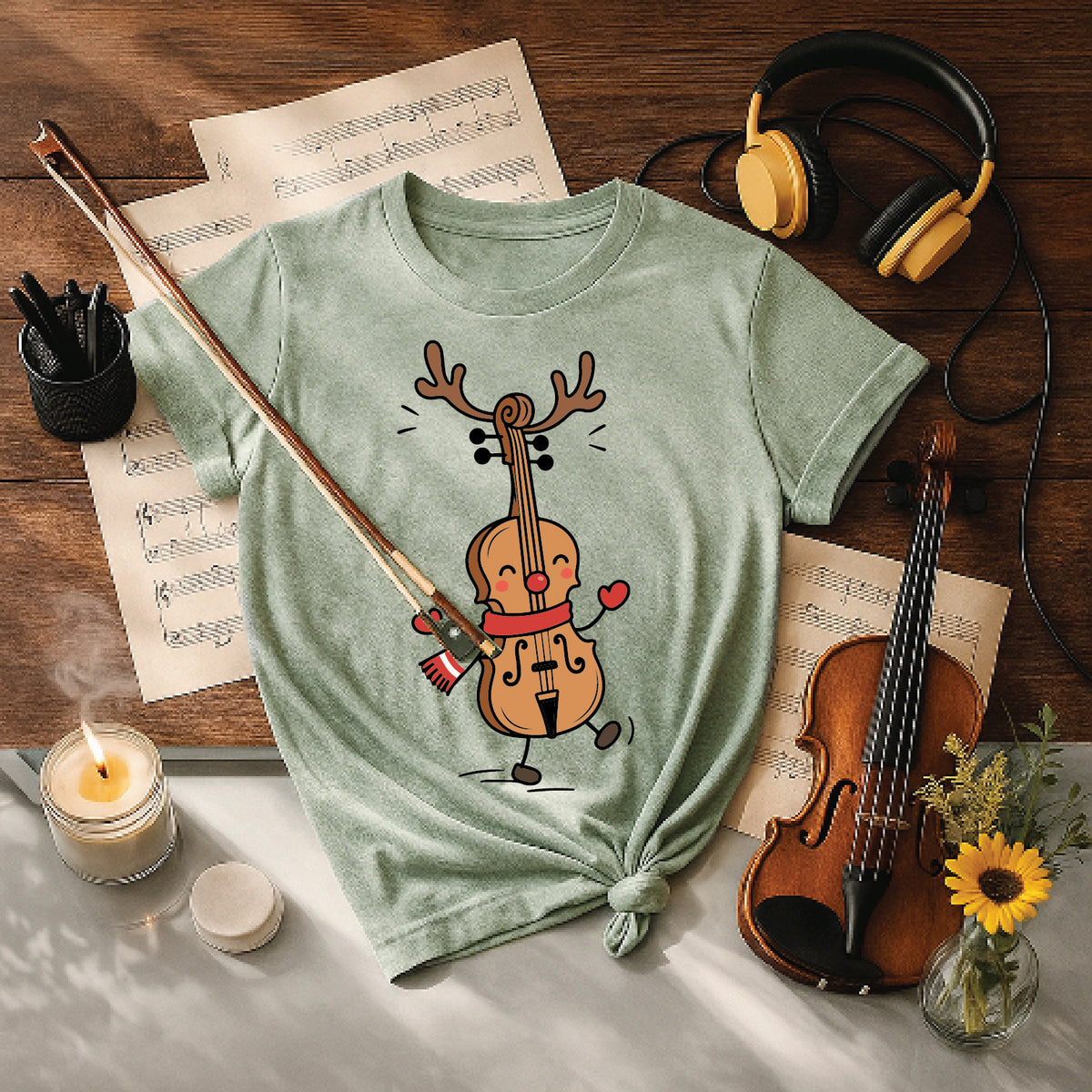 Dancing Reindeer Cello Christmas Tee