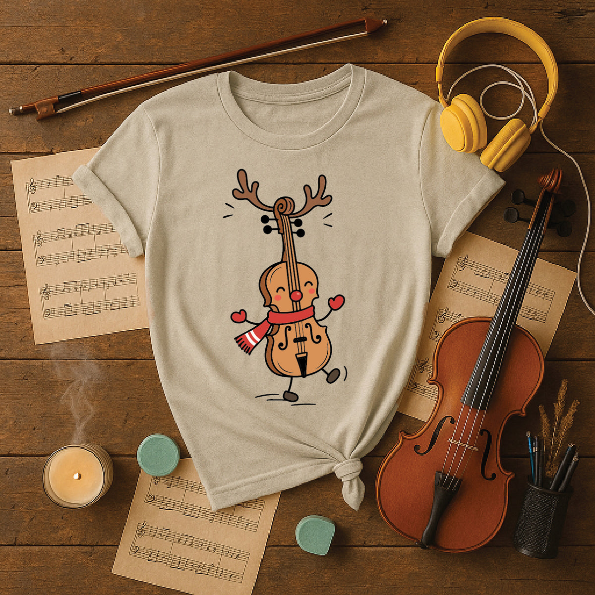 Dancing Reindeer Cello Christmas Tee